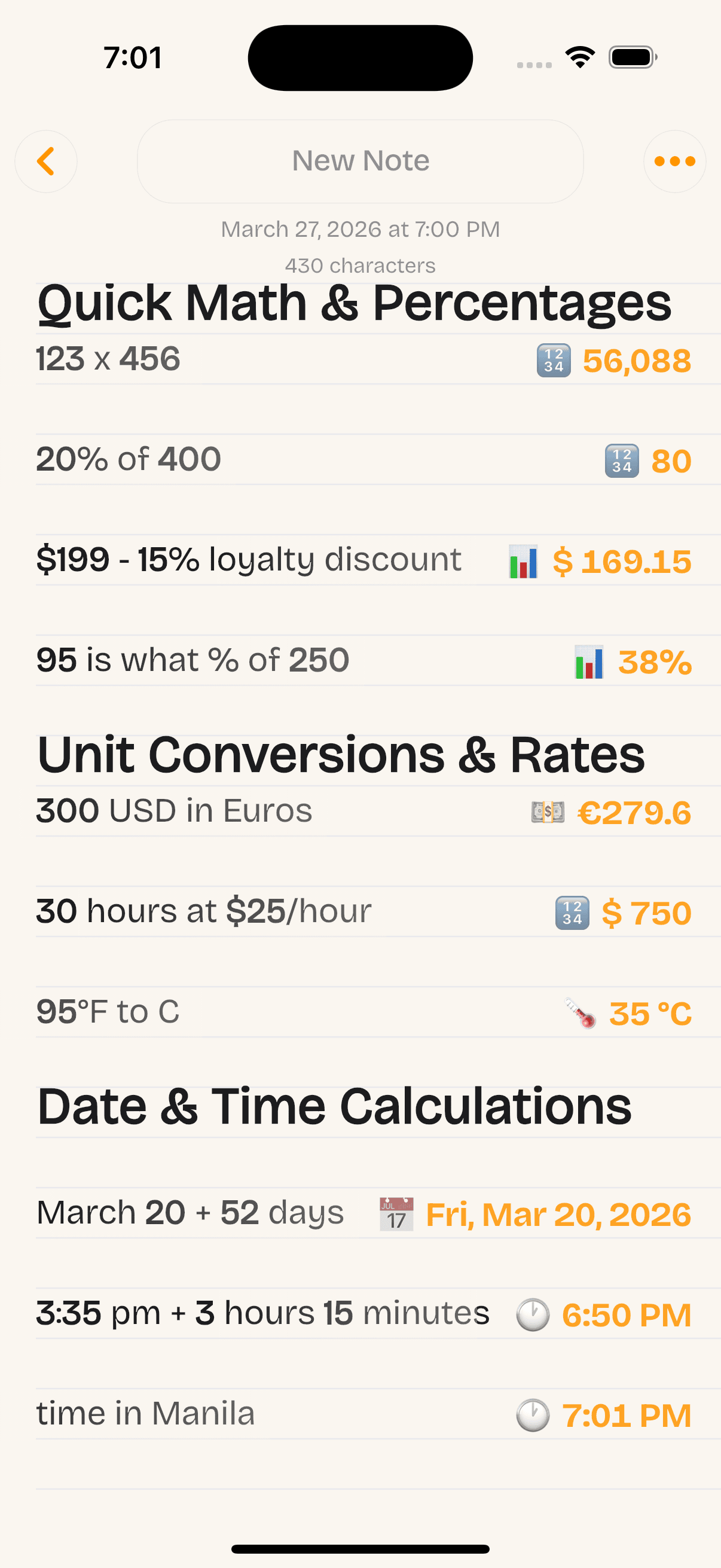 NoteCalc on iPhone — inline calculations