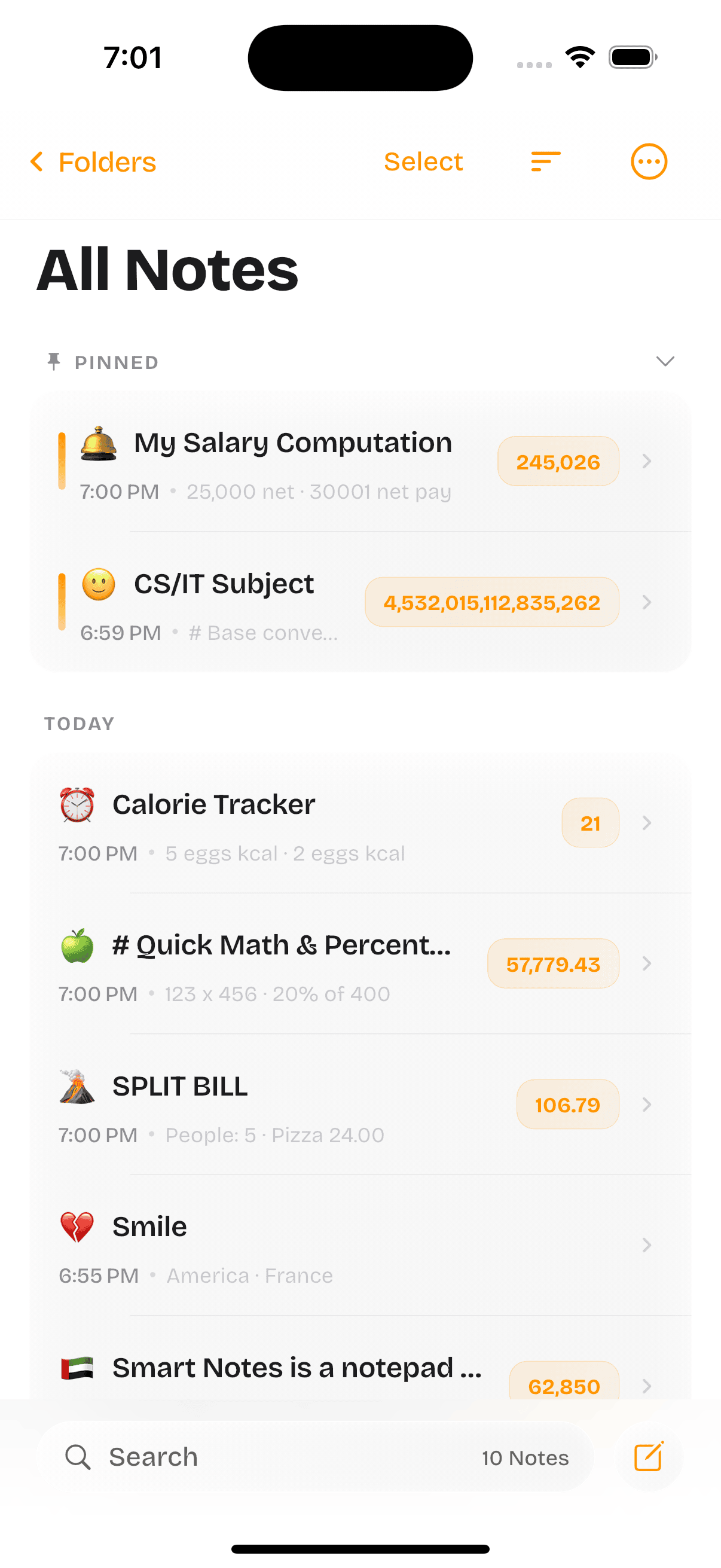 NoteCalc on iPhone — All Notes list