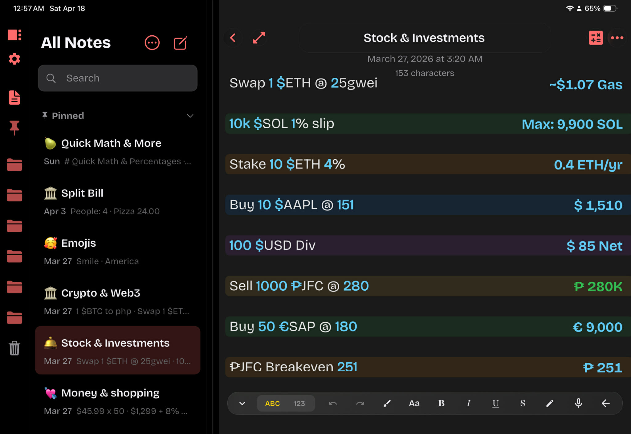 NoteCalc on iPad — notes and editor
