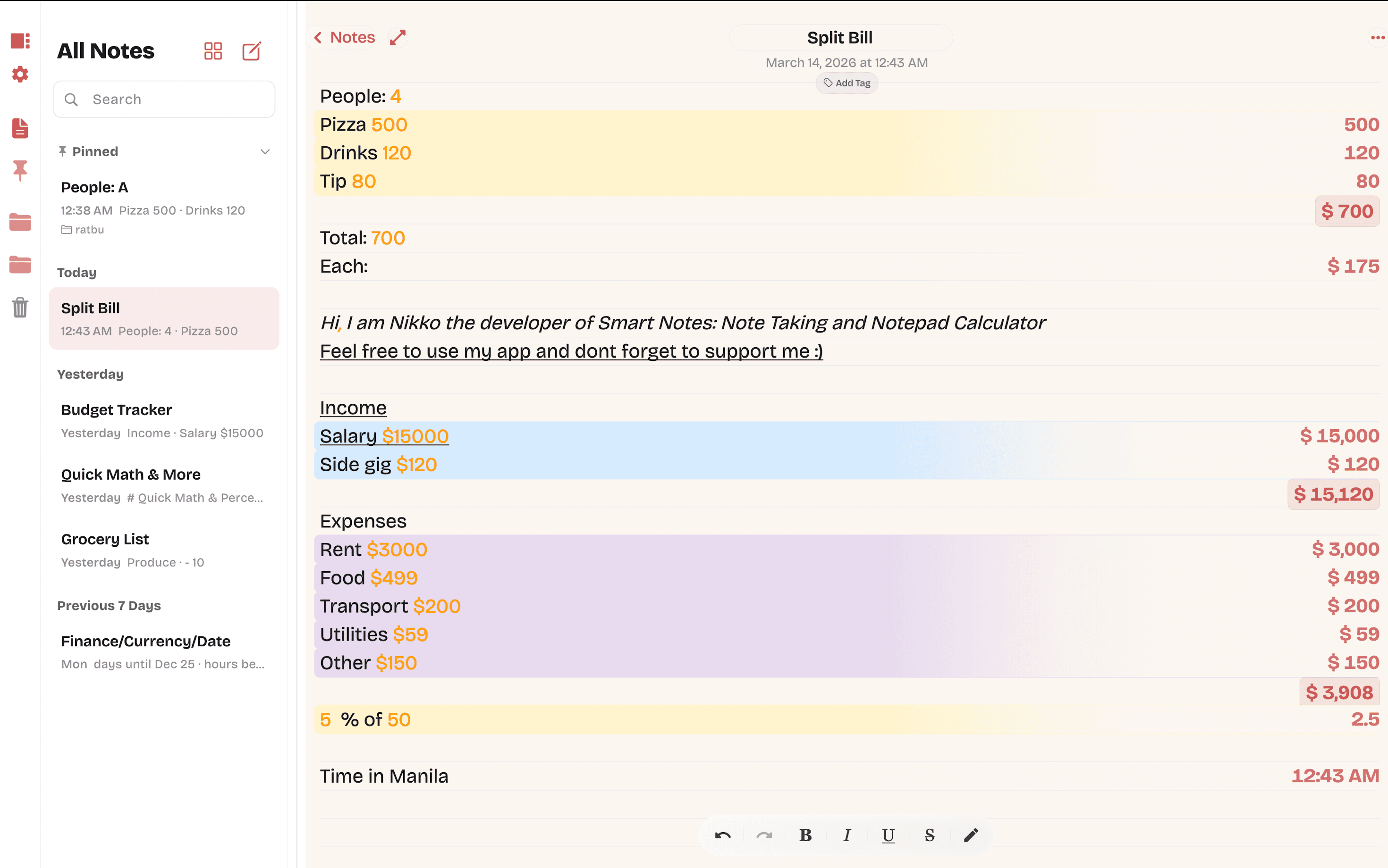 NoteCalc on Mac — split-bill note